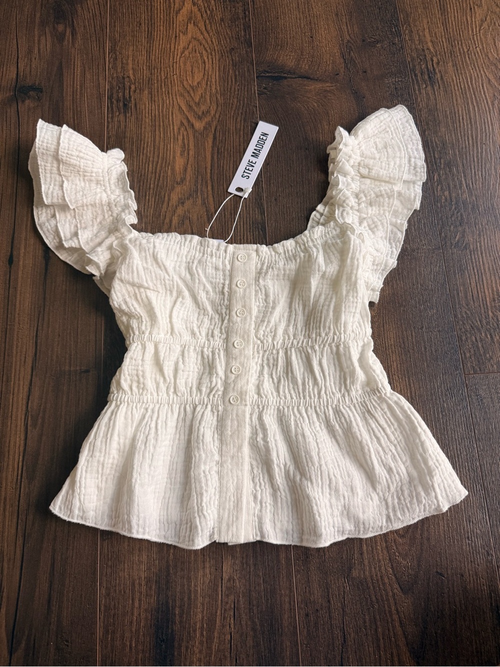 Steve Madden White Ruffled Button-Front Peplum Top